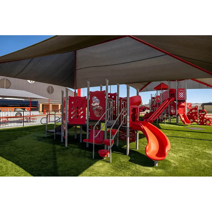 Rectangle hip shade structure over a playground area