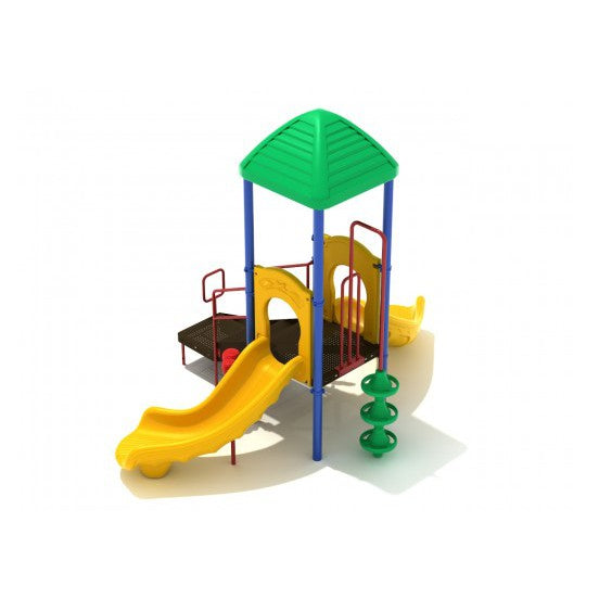 Powell's Bay commercial playground structure with roof, slides and ship wheel