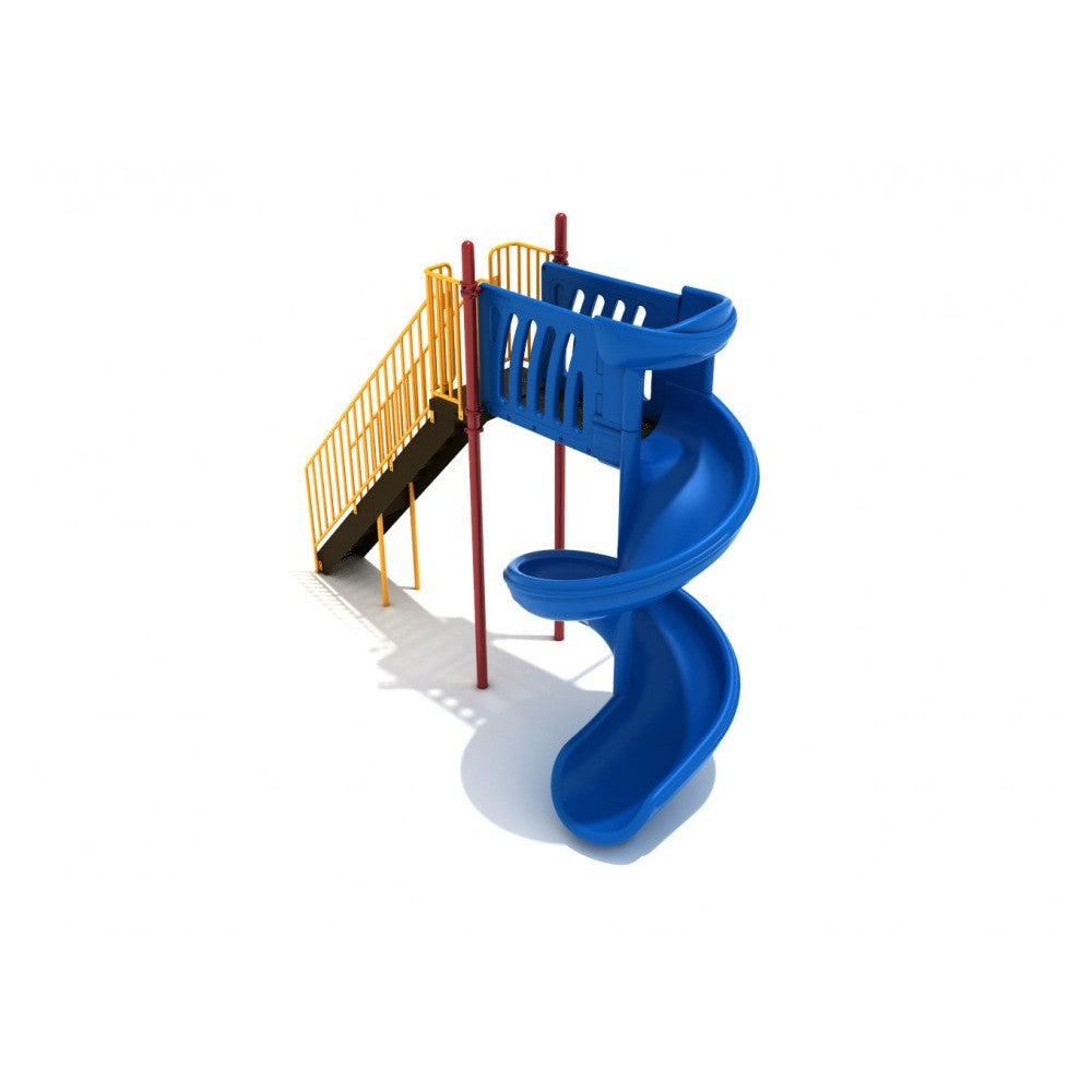 Playground Equipment 8 Foot 450-Degree Spiral Slide, a commercial roto-molded plastic playground slide with steel support structure