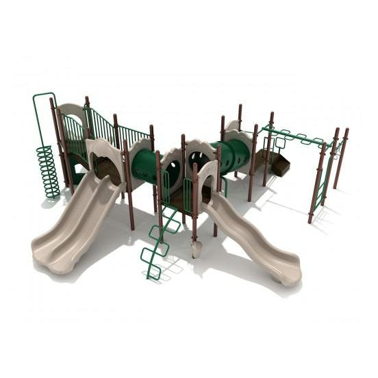 Multi-level commercial playground structure with slides, climbers and shaded decks