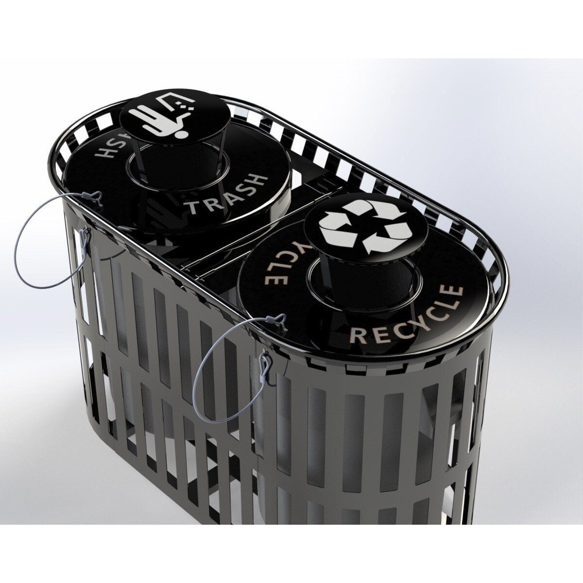 Parkitect double trash and recycling receptacle with two slatted compartments