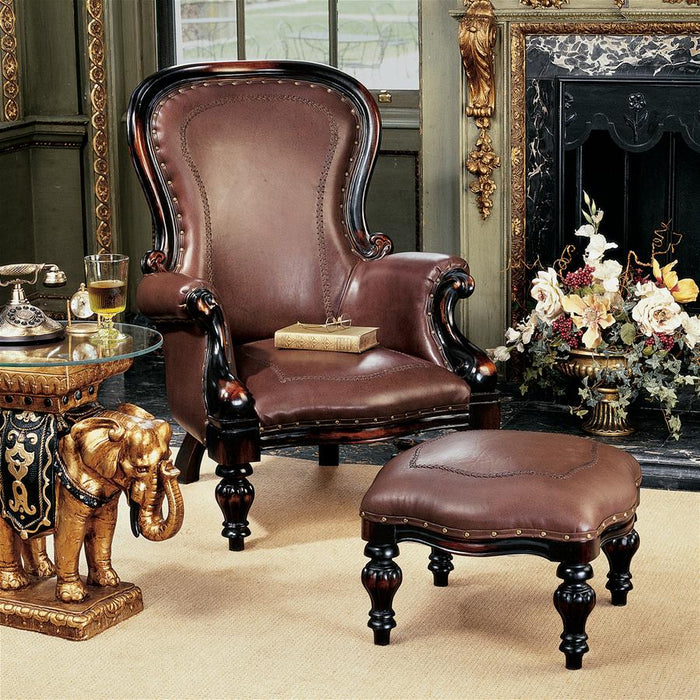 Design Toscano- Victorian Rococo Faux Leather Wing Chair and Ottoman