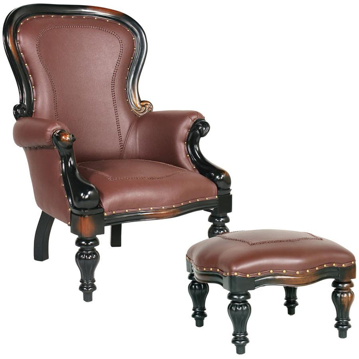 Design Toscano- Victorian Rococo Faux Leather Wing Chair and Ottoman