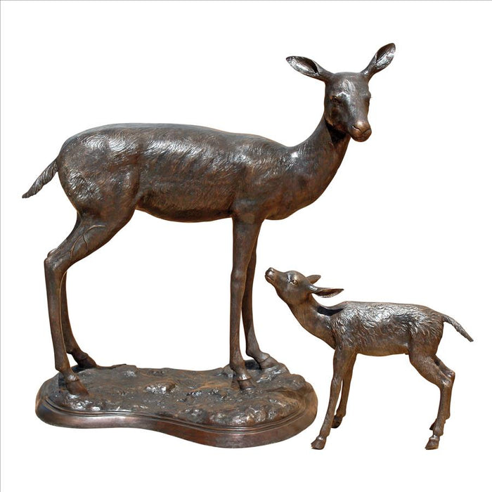 Design Toscano- Standing Mother Doe and Baby Fawn Deer Bronze Garden Statue Set
