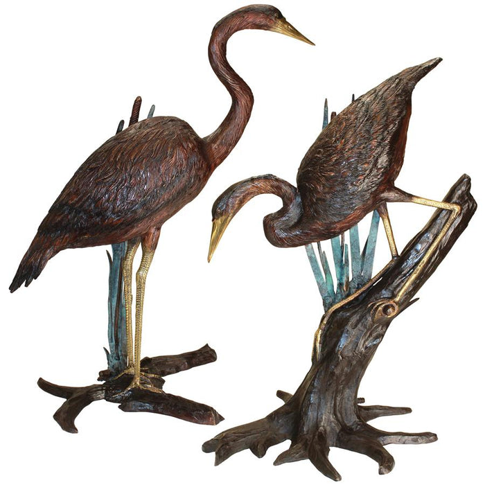 Design Toscano- Standing and Fishing Herons in Reeds Bronze Statues: Set of Two