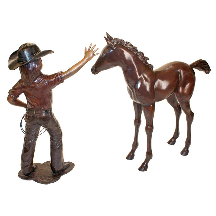 Design Toscano- Rodeo Dreams: Cowgirl with Horse Cast Bronze Garden Statue Set
