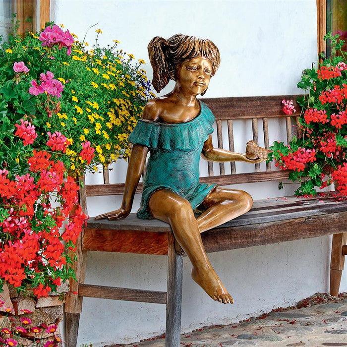 Design Toscano- Bridgette with Bird, Little Girl Cast Bronze Garden Statue