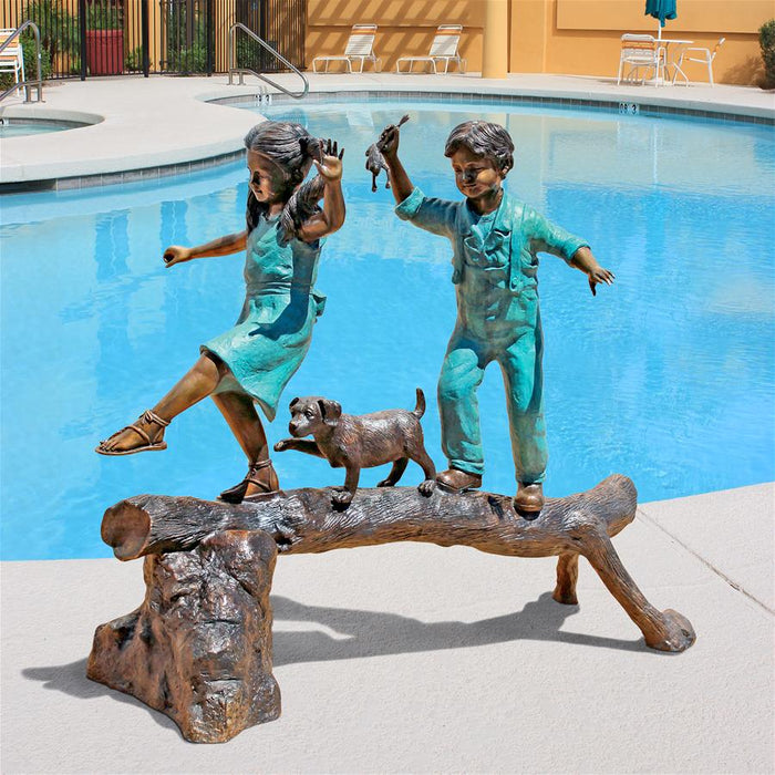 Design Toscano- The Adventure, Boy and Girl on Log Cast Bronze Garden Statue
