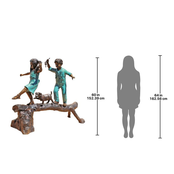 Design Toscano- The Adventure, Boy and Girl on Log Cast Bronze Garden Statue