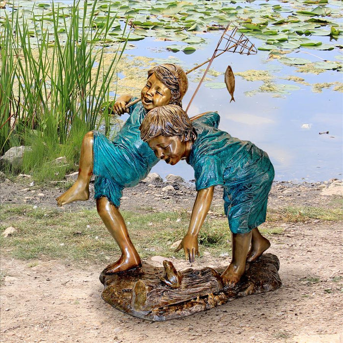 Design Toscano- Double Trouble, Fishing Boys Cast Bronze Garden