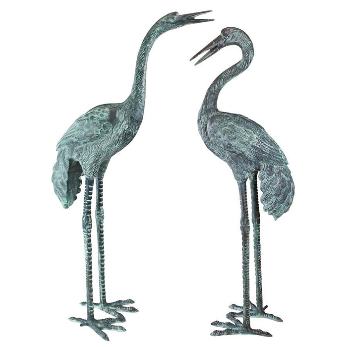 Design Toscano- Large Bronze Crane Piped Garden Statues: Set of Two