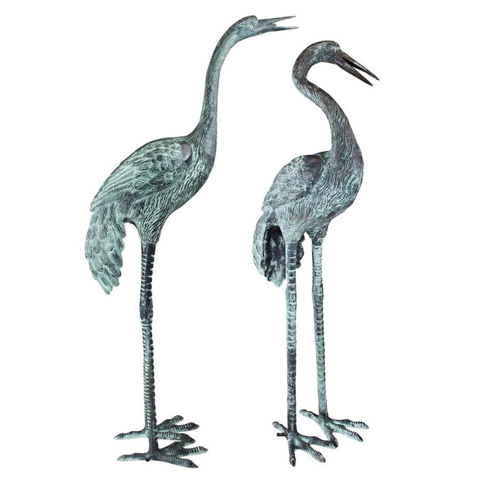 Design Toscano- Large Bronze Crane Piped Garden Statues: Set of Two